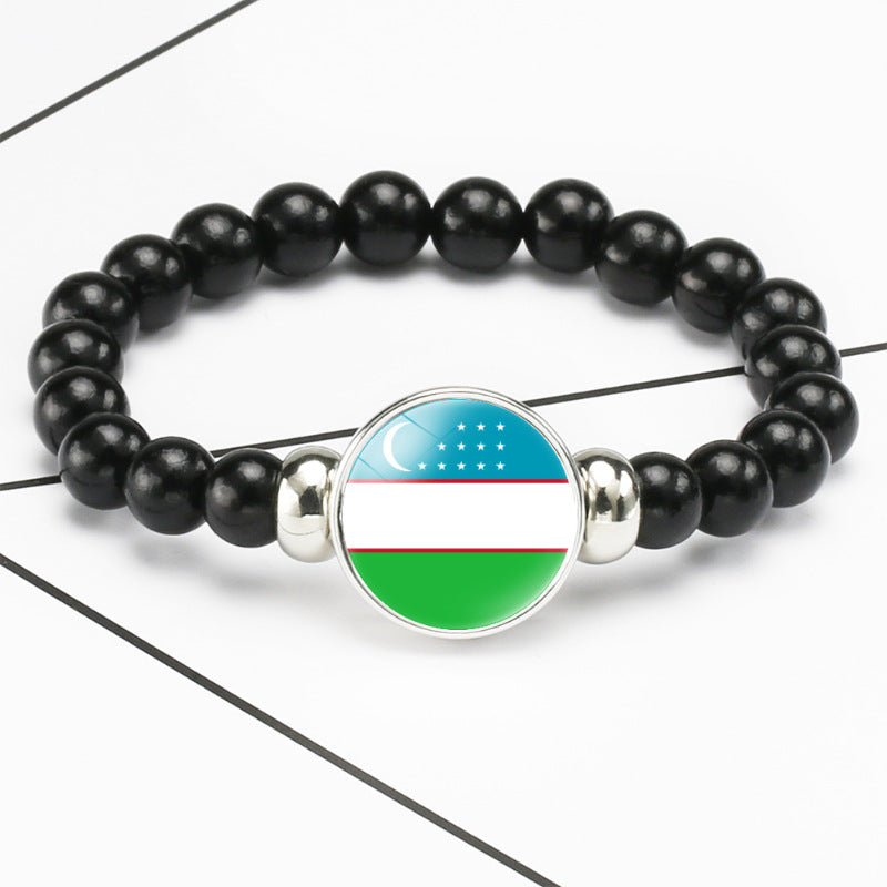 Flag Pattern Time Stone Black Elastic String Beads Bracelets
