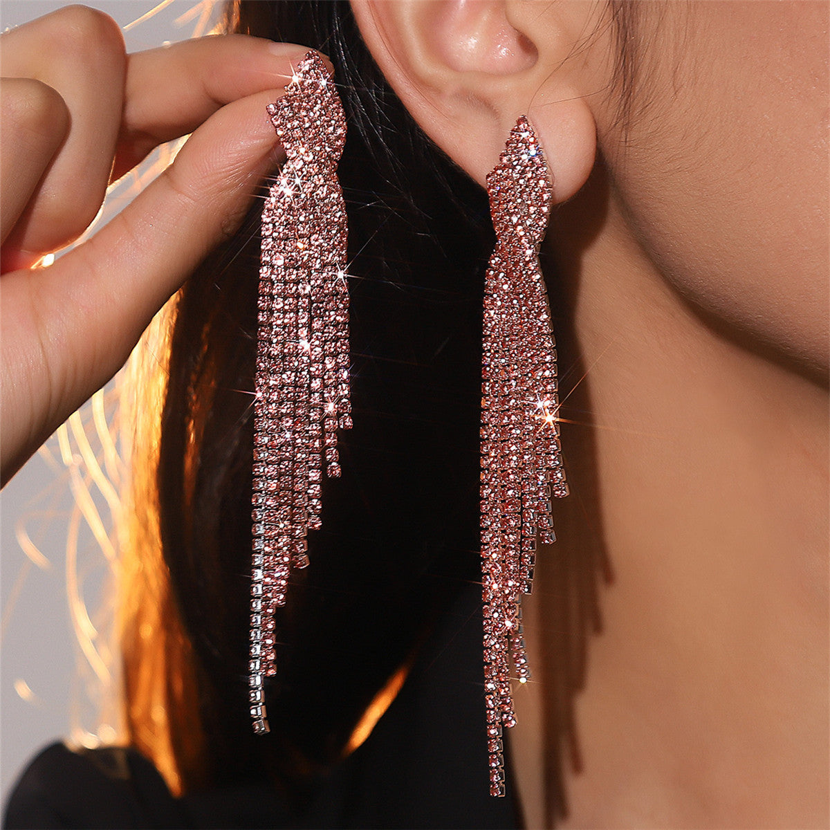 Sparkling Full Rhinestone Long Fringe Female Earrings