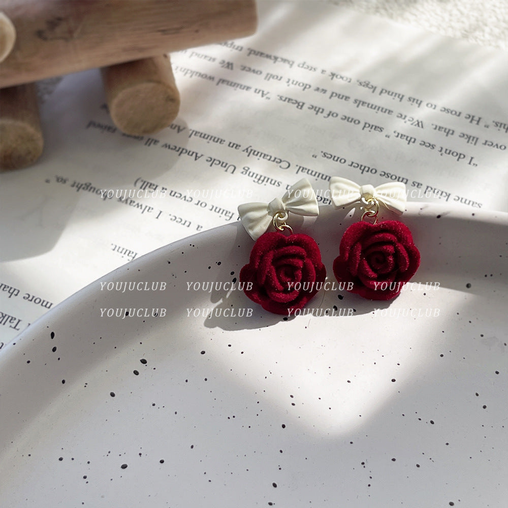 Flocking Bow Bell Plush Sweet Cute Earrings