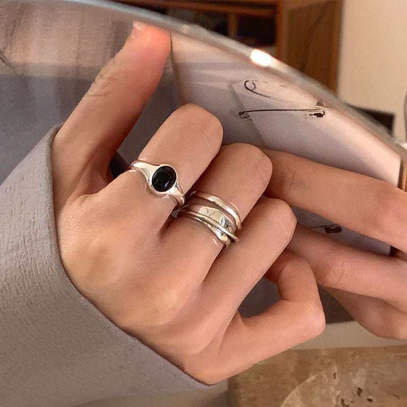 Oval Black Zircon Female Retro Fashion Geometry Pattern Irregular Rings