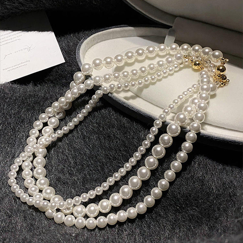 Women's Magnetic Buckle Perfect Circle Pearl Twin Necklaces
