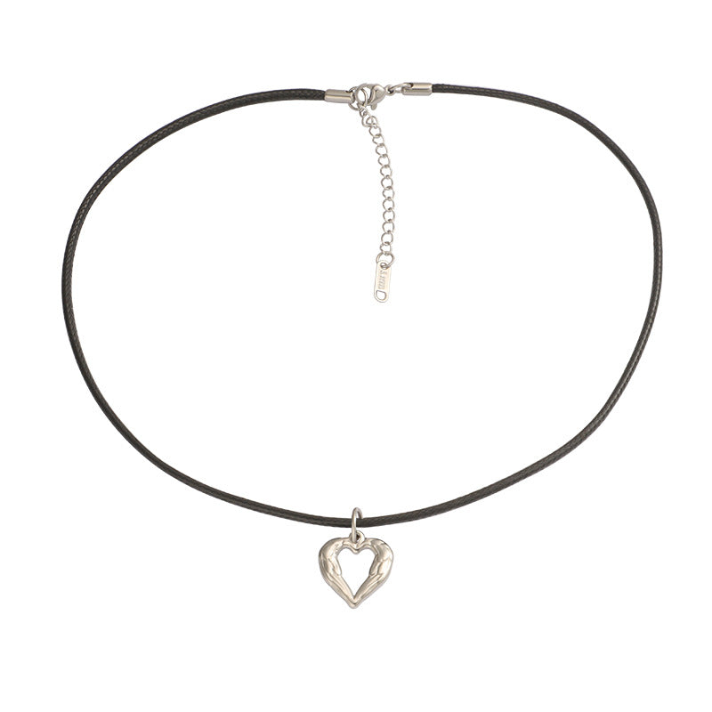 Women's Three-dimensional Love For Hollow Heart Black Wax Rope Necklaces