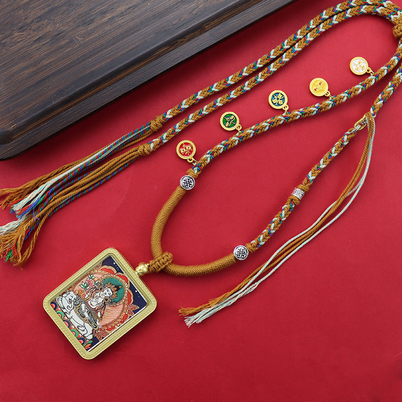 Tibetan Hand Painted Golden Outline Eight Patron Saints Double-sided Necklaces
