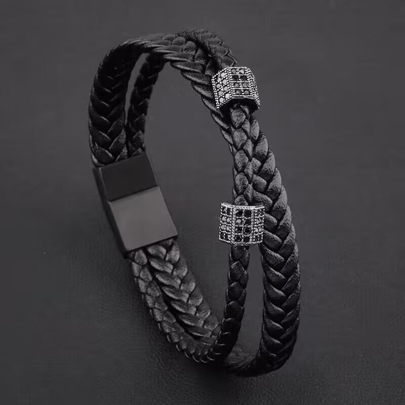 Women's & Men's Titanium Steel Leather Strap Handmade Woven Stainless Retro Bracelets