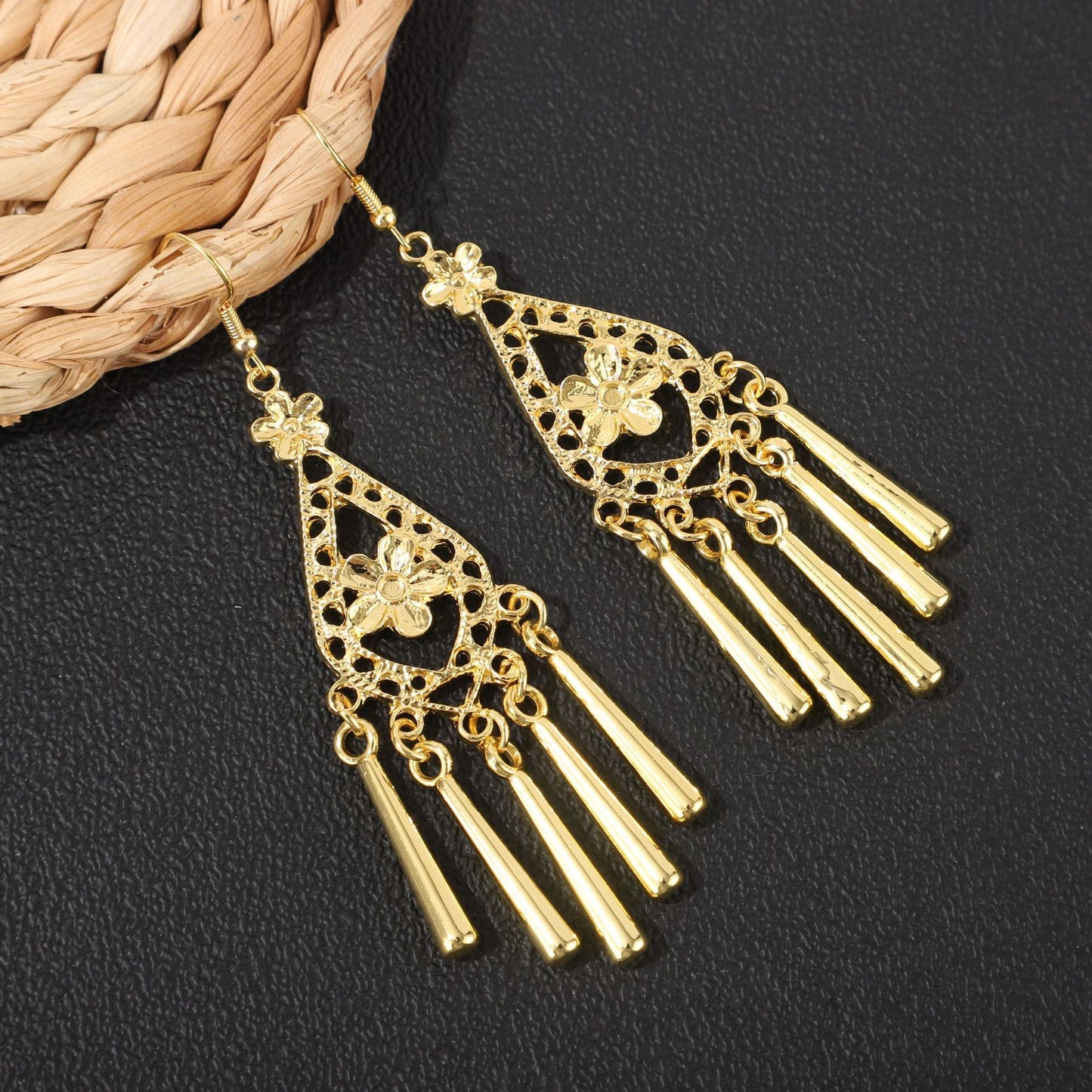 Golden Bell Tassel Bohemian Leaf National Earrings