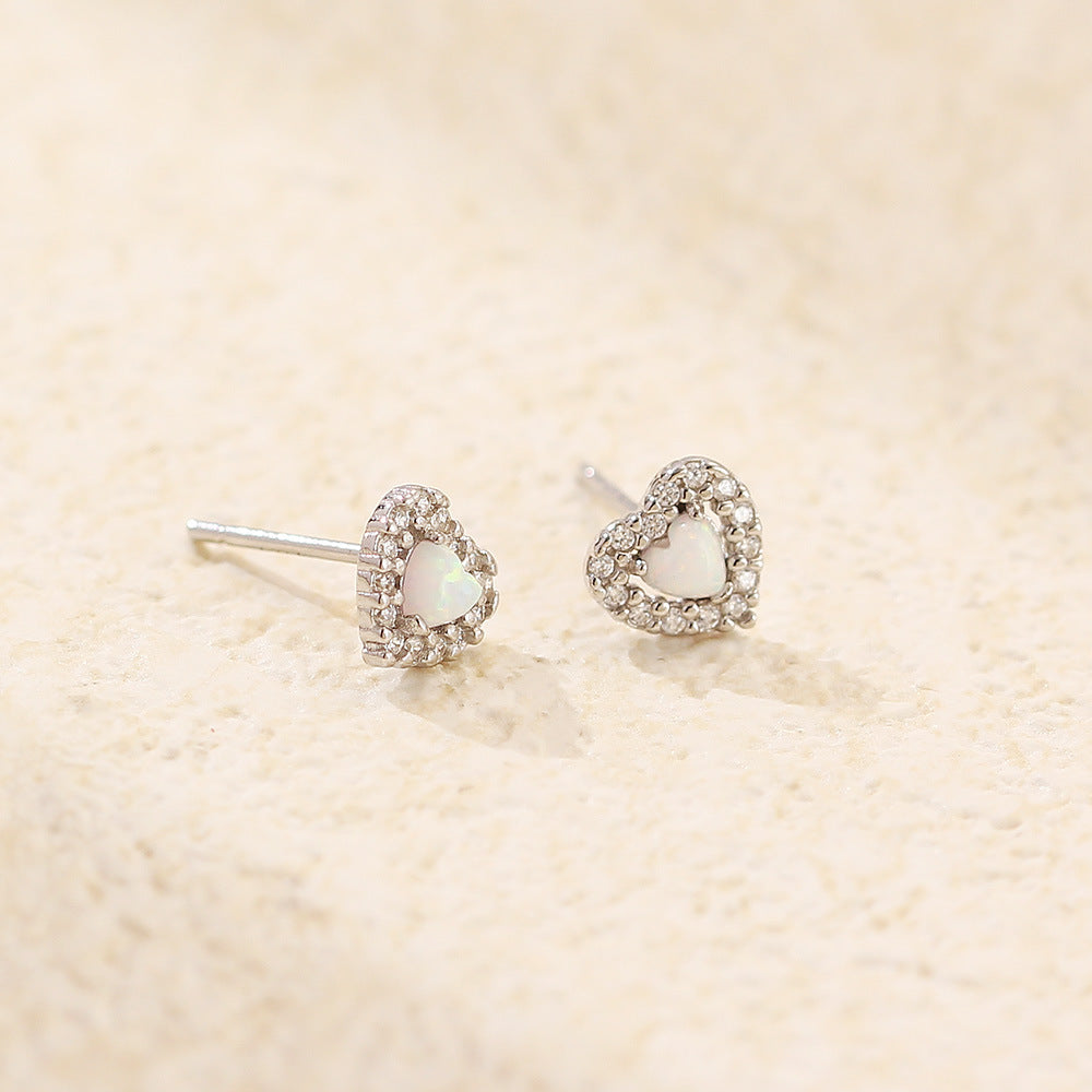 Heart-shaped Sier Synthetic Opal Diamond Peach Earrings