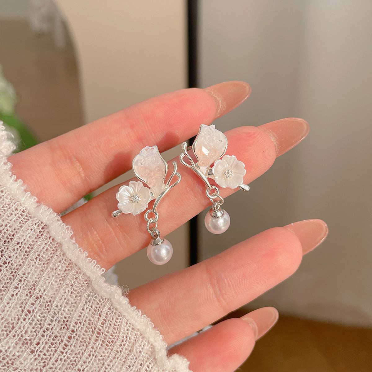 Pearl Flower Female Sier Needle Sweet Earrings