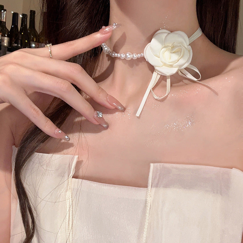 Camellia Flower Pearl Female Neckband Clavicle Chain Strap Neck Necklaces