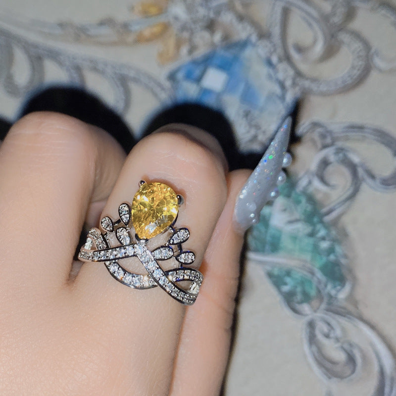 Water Drop Personality Yellow Diamond Crown Female Fashion Light Rings