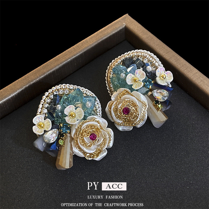 Women's Sier Needle Pearl Diamond Crystal Flower Rings