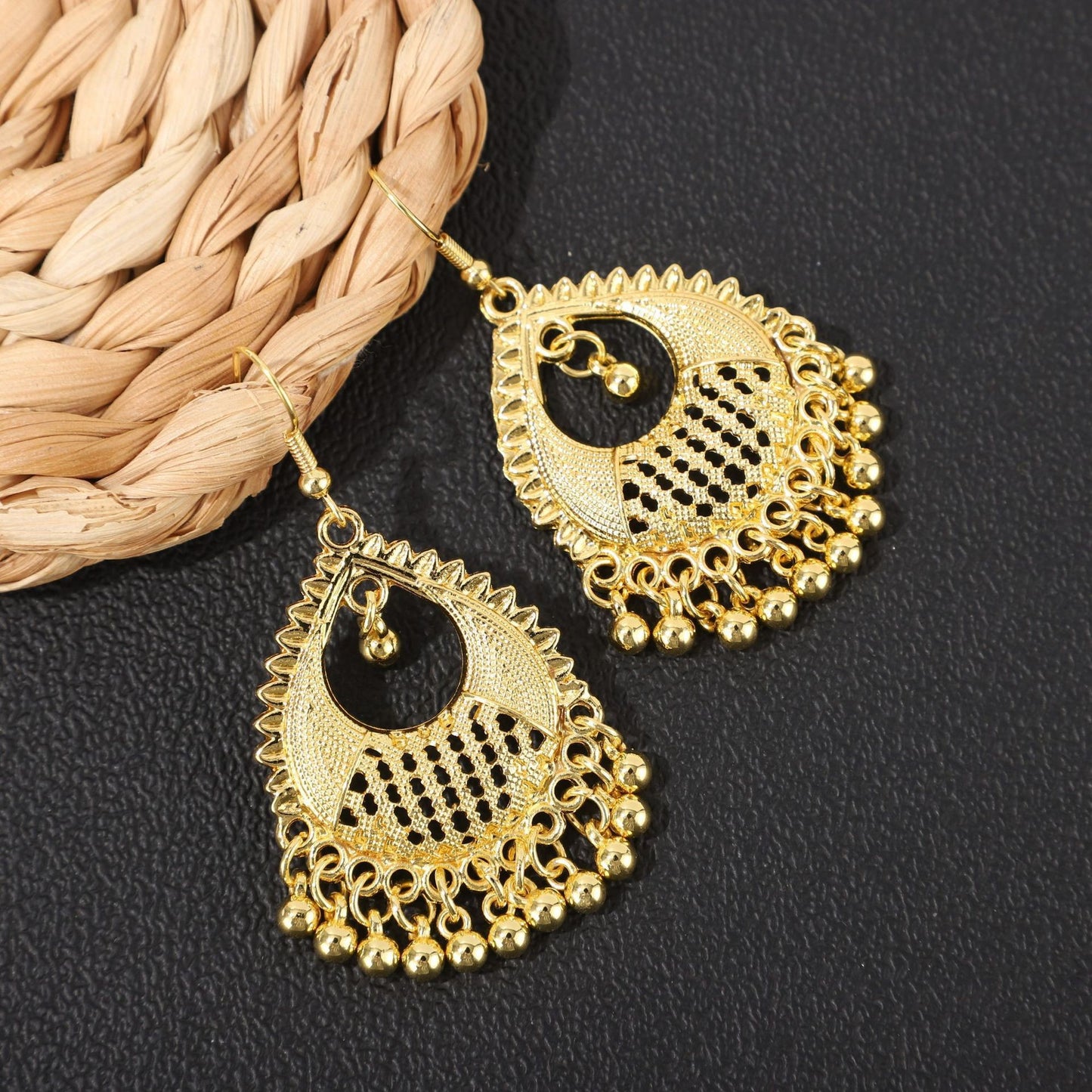 Golden Bell Tassel Bohemian Leaf National Earrings