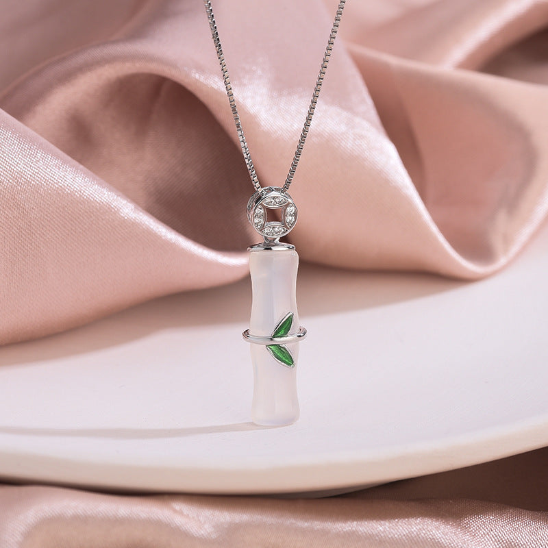 Women's Sier Bamboo Chalcedony Chinese Style Lucky Necklaces