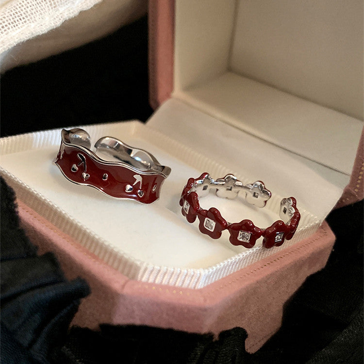 Retro Red Glaze Flower Cherry Minority Design Sense Rings