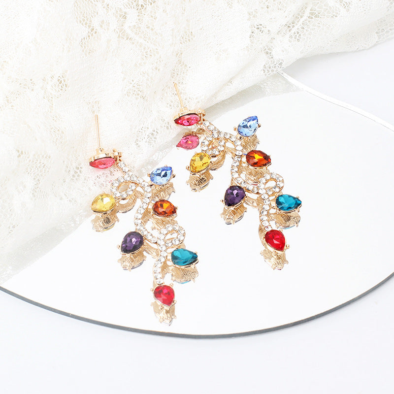 Fashionable Light Luxury Rhinestone Colorful Tassel Earrings