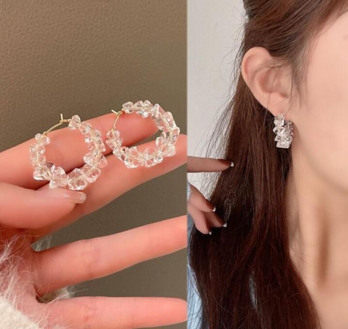 Metal Hollow Mesh Crystal Hoop High-grade Fashionable Earrings