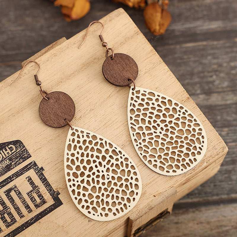 Retro Hollow Spider Web Stitching Wood Earrings