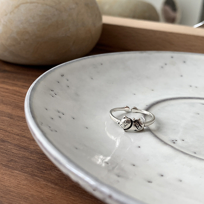 Lucky Cat Female Fashion Retro Minority Design Opening Rings