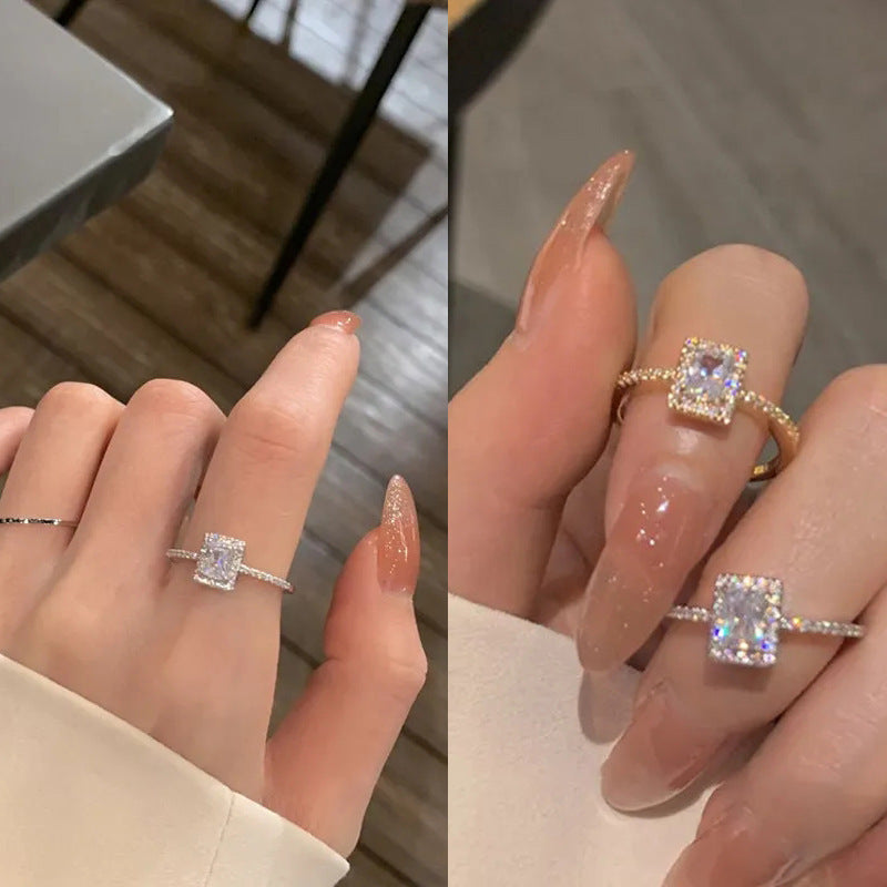 Light Luxury Zircon Super Flash Design Square Diamond Rings