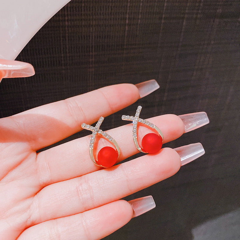Sier Needle Korean Style Cross Rhinestone Pearl Earrings