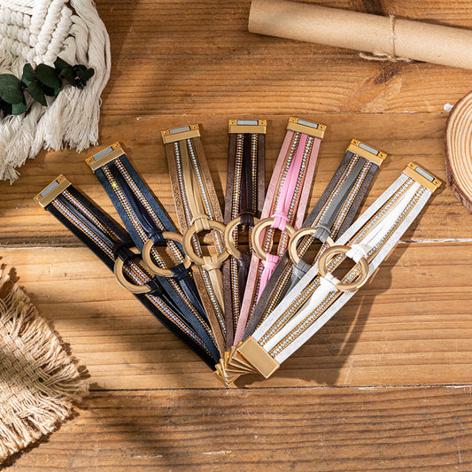 Personalized Big Circle Leather Niche Golden Rhinestone Bracelets