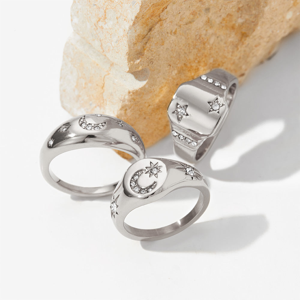 Stainless Steel Retro Star Moon Design Rings