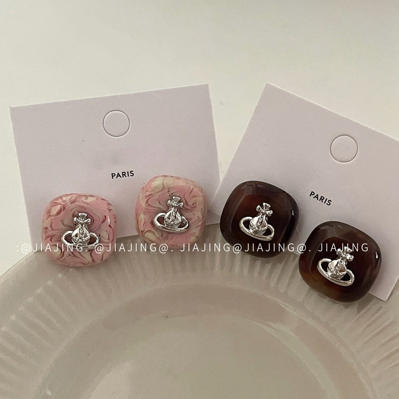 Light Luxury Saturn Drip Glazed High-grade Temperament Personality Sier Earrings