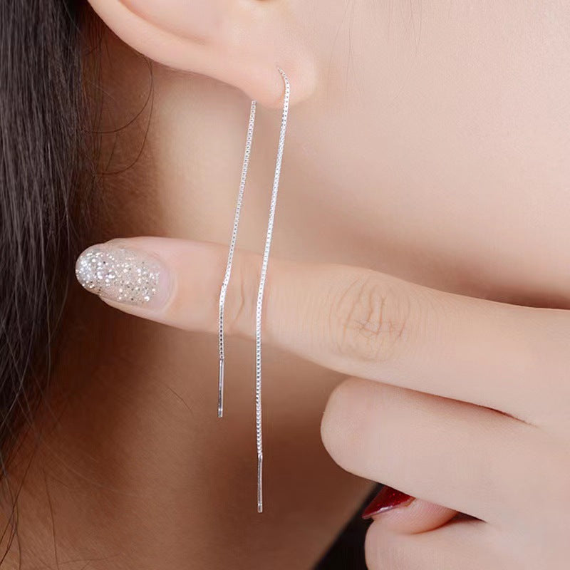 Women's Sier Simple Hanging Extra Long Ear Chain Earrings
