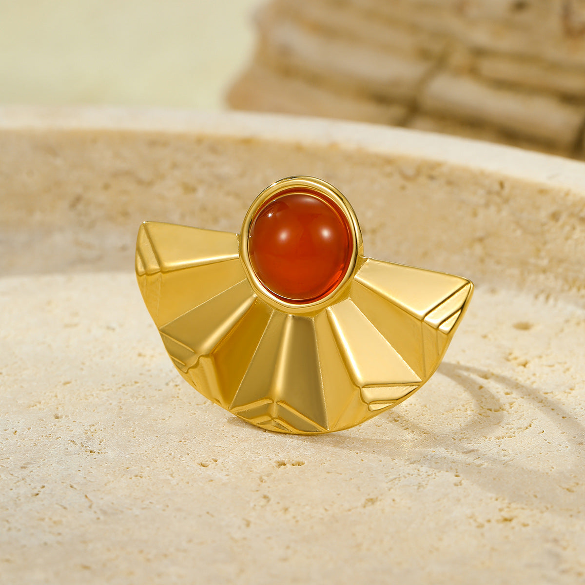 Steel Gold-plated Fan-shaped Inlaid Natural Stone Rings