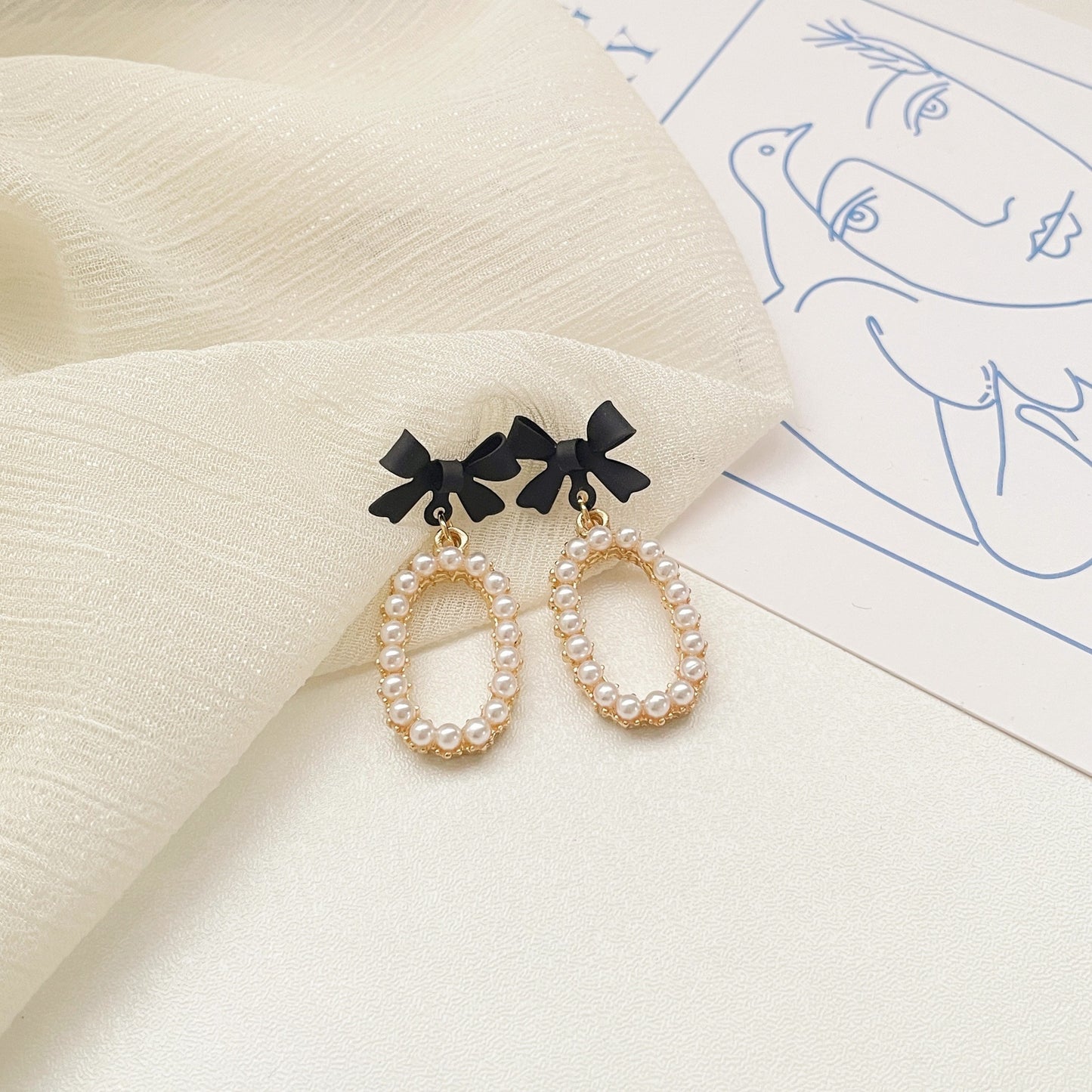 Needle Black Bow Pearl Elegant Trendy Rings