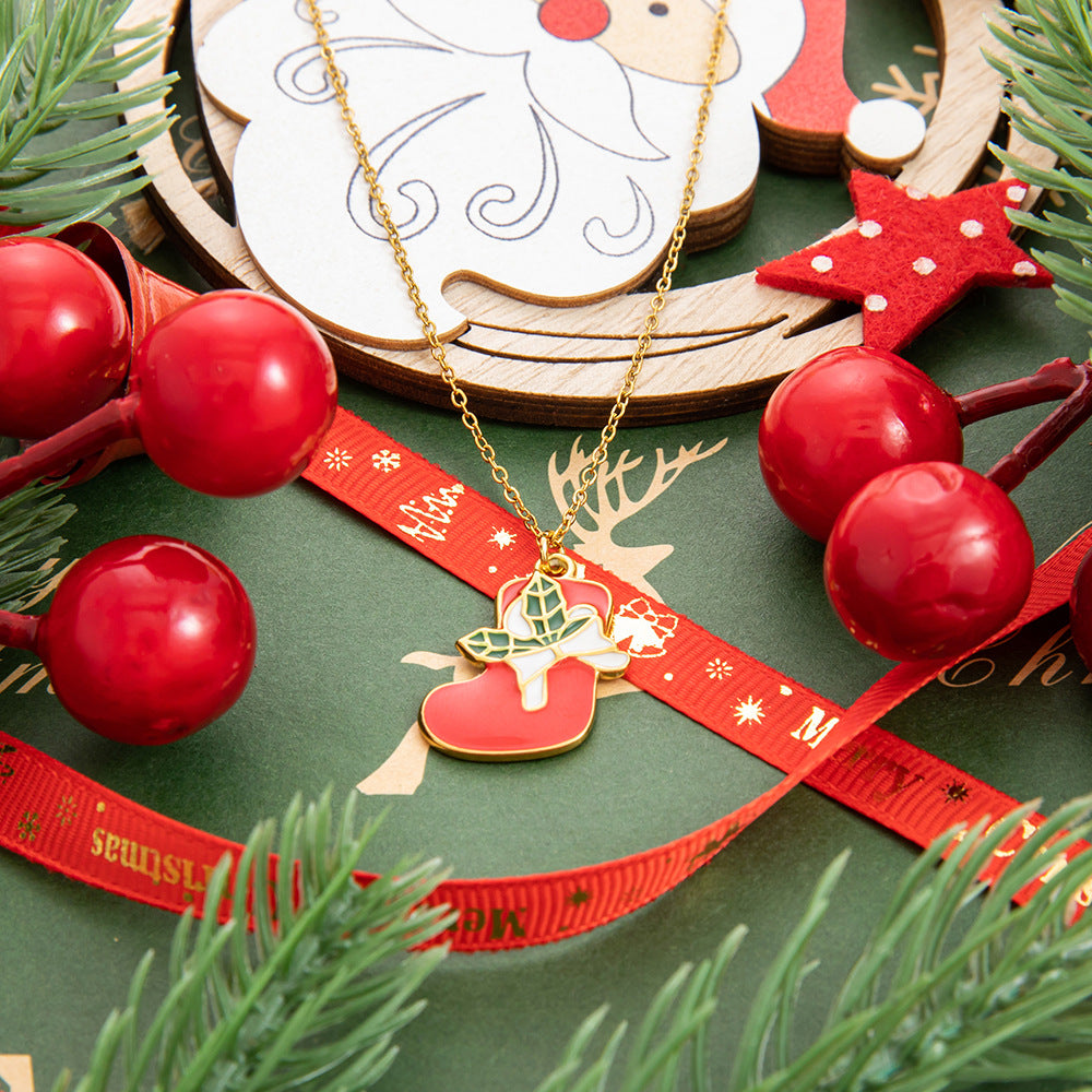 Gold Stainless Steel Christmas Elderly Snowman Necklaces