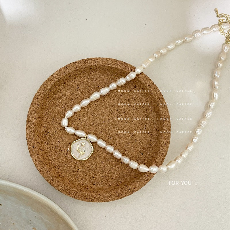 Elegant Pearl White Enamel Vintage Rose Necklaces