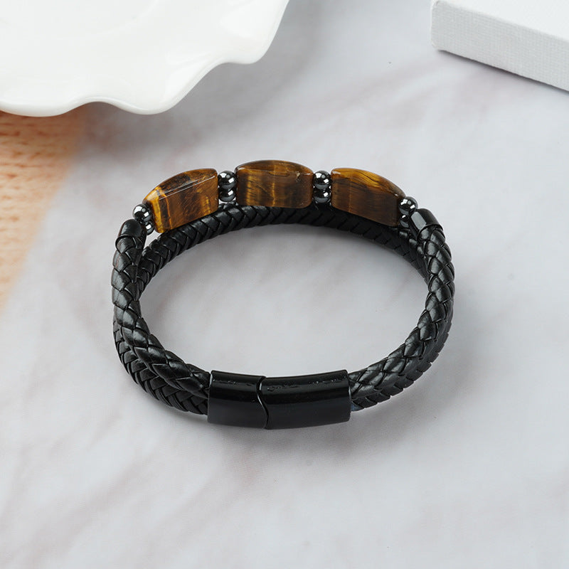 Woven Double Layer Tigereye Head Cattlehide Bracelets