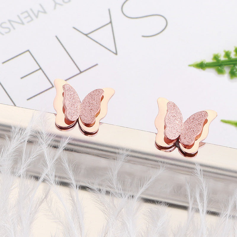Frosted Butterfly Korean Fashion Rose Gold Plated Earrings
