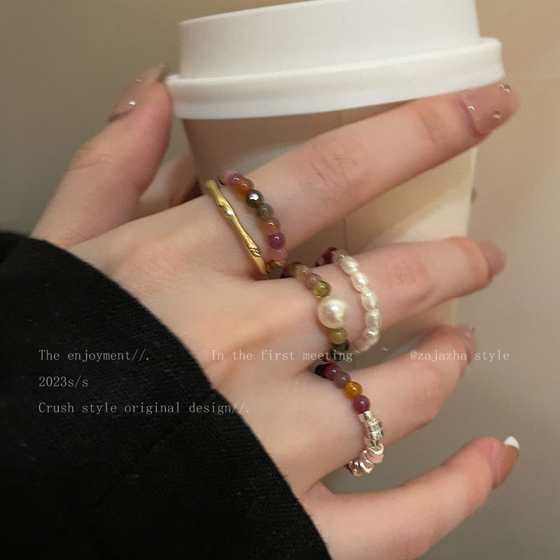 Natural Stone Tourmaline Pearl Suit Design Index Finger Rings