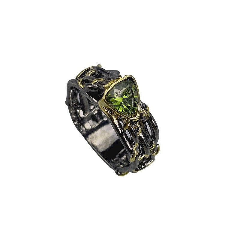 Women's & Men's Two-color Triangle Olive Green Zircon Graceful Rings