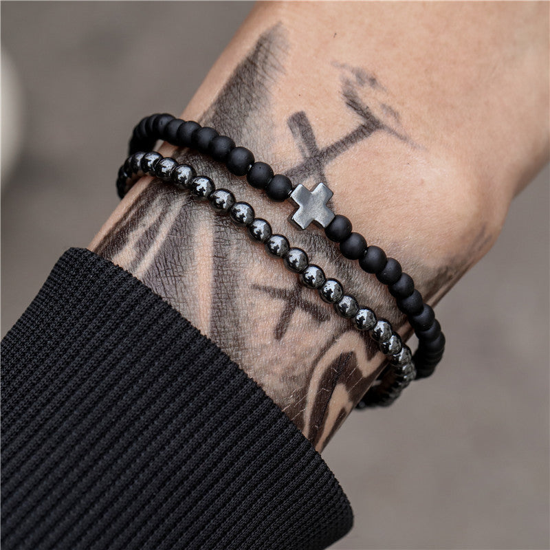 Men's Beaded Suit Map Stone Haematite Cross Bracelets