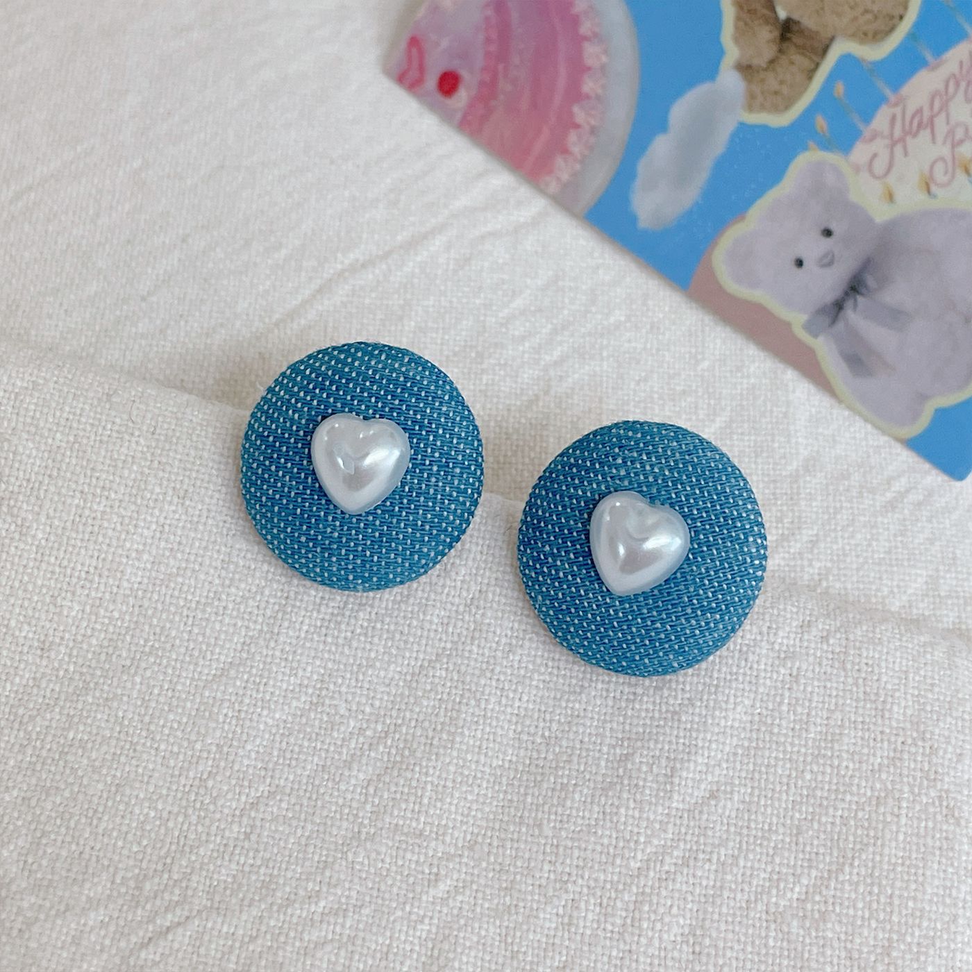 Women's Denim Blue Fabric Ball Sier Needle Love Earrings