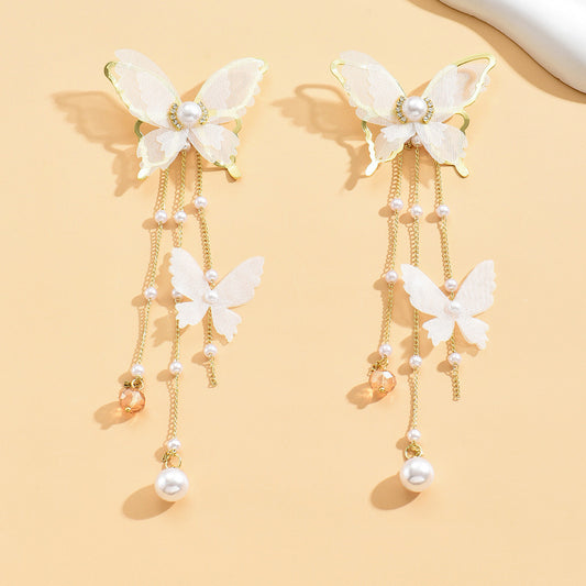 Lace Pearl Rhinestone Super Fairy Butterfly Tassel Earrings