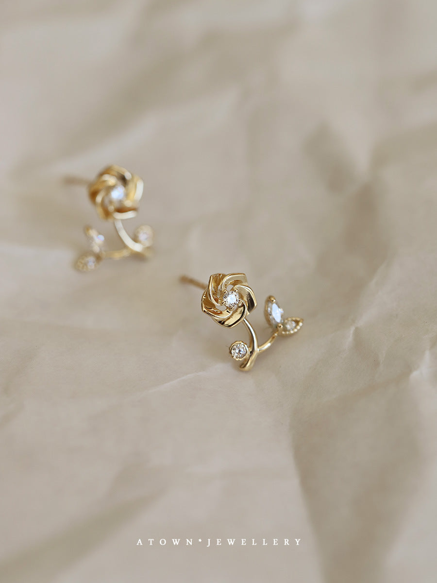 Gold-plated One Rose Small Diamond Elegant Earrings