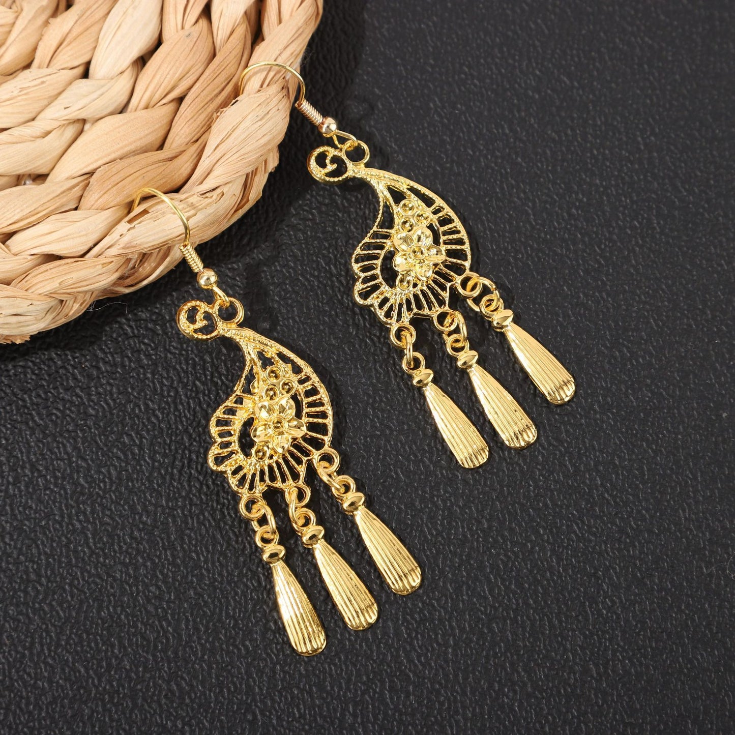 Golden Bell Tassel Bohemian Leaf National Earrings