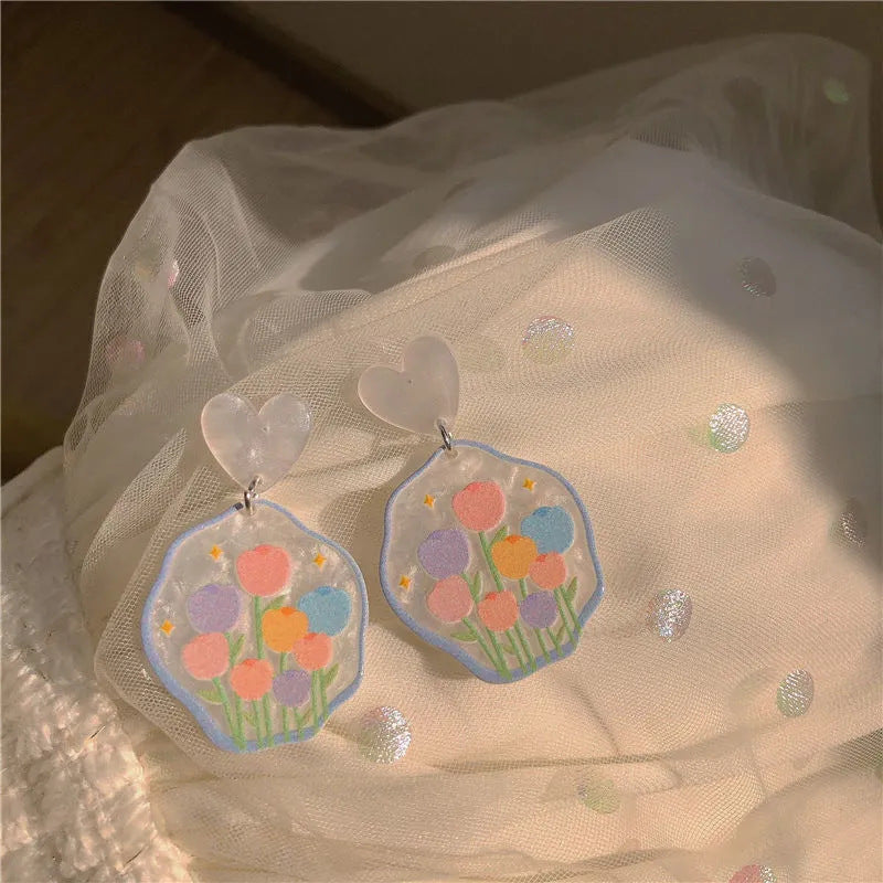 Colorful Flower Niche Design Female Contrast Earrings