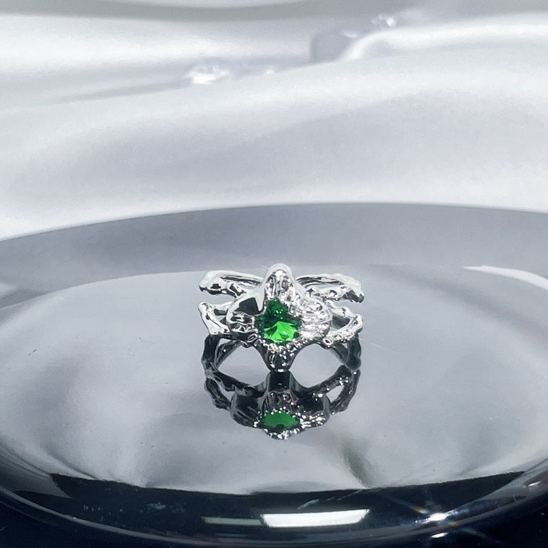 Women's Retro Green Zircon Drip Glazed Temperamental Cold Rings