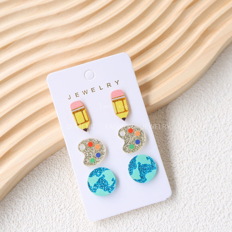 Three-piece Set Teacher's Day Opening Acrylic Cute Earrings
