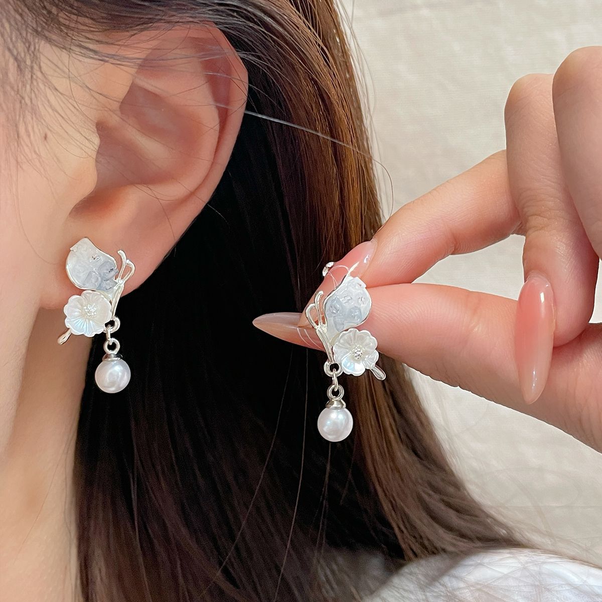 Pearl Flower Female Sier Needle Sweet Earrings