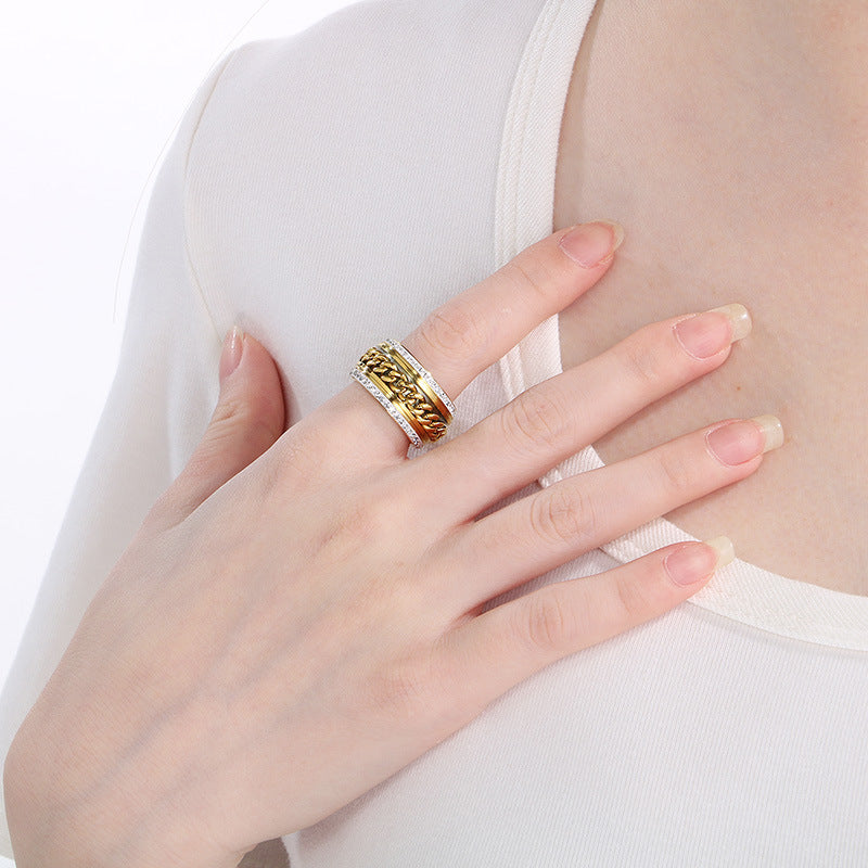 Women's & Men's Hop Side Rhinestone Chain Elegant Golden Wide Rings