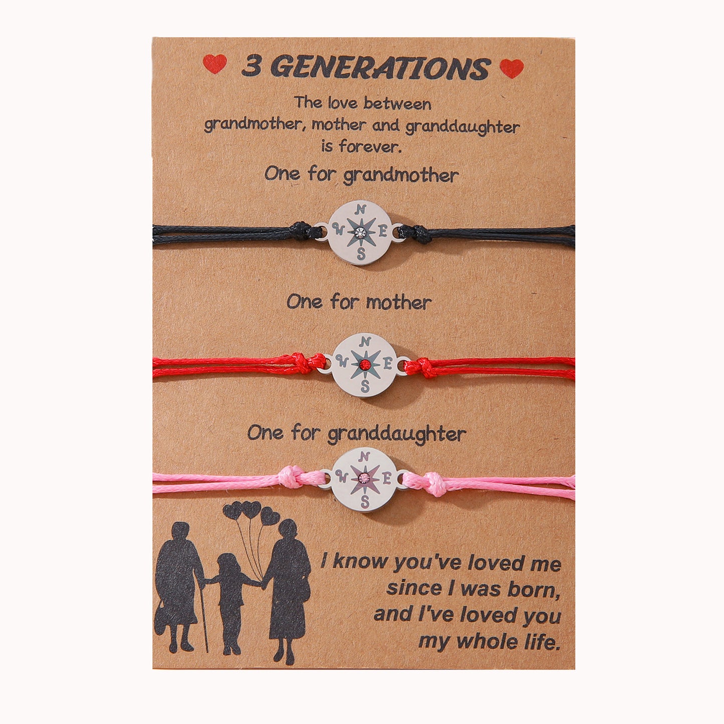 Mother Daughter Three Generations Card Wrist Bracelets