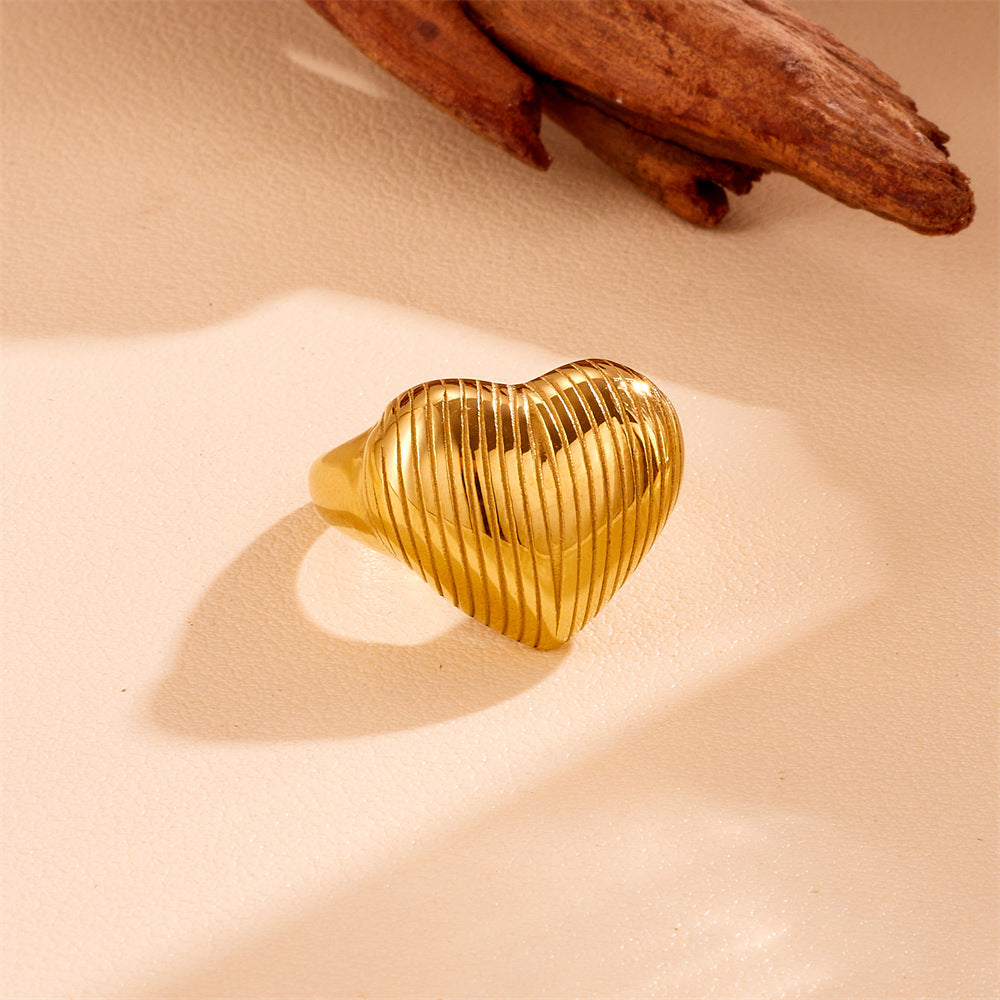 Trend Exaggerated Open Heart Striped Titanium Steel No Rings