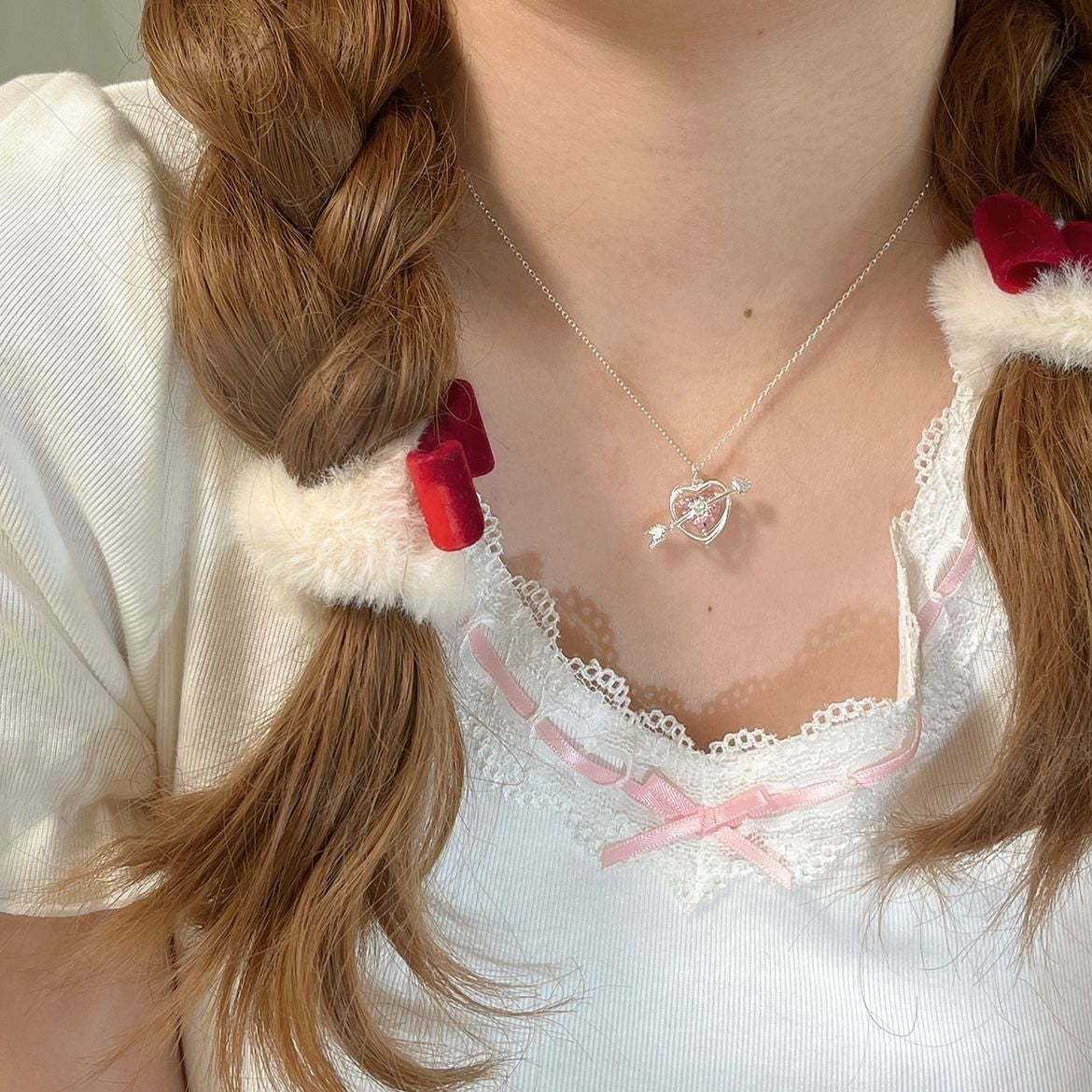 Through Heart Pink Diamond Female Fashion Clavicle Chain Necklaces