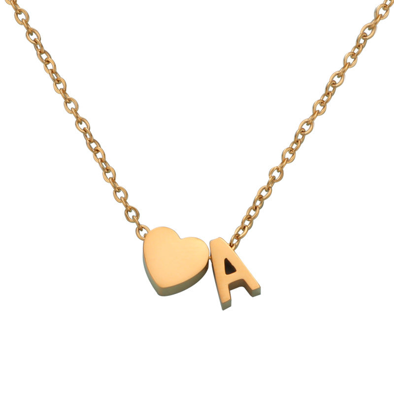 Steel Golden Peach Heart English Letter Small Hole Necklaces