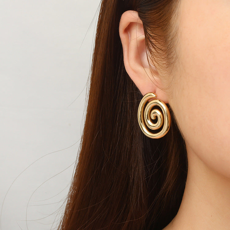 Women's Trendy Gold Stainless Steel Rotating Thread Earrings